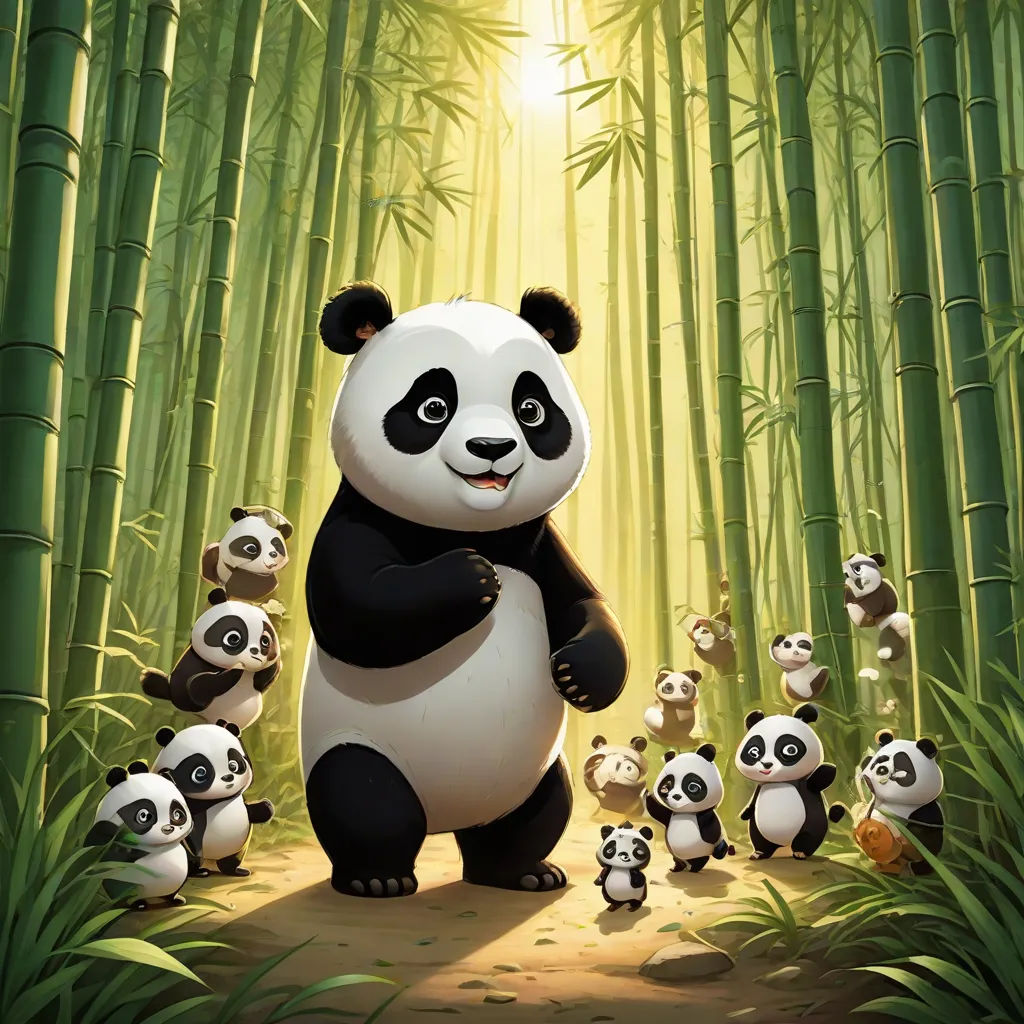 a panda bear standing in front of a group of pandas in a bamboo forest with the sun shining down, serial art, a storybook illustration, Fan Qi, official art