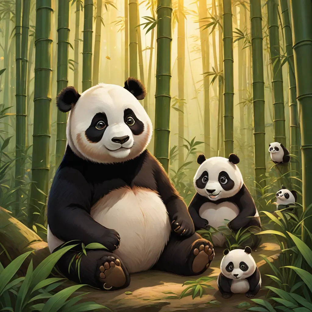 a panda bear sitting on a tree with two other pandas in the background and a bamboo forest with tall trees, altermodern, a painting, Fan Qi, official art