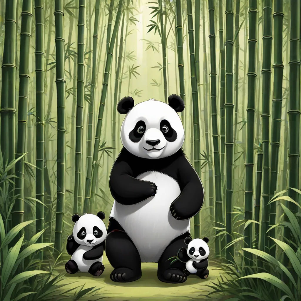 a panda bear and her cub are sitting in the bamboo forest with bamboo trees in the background and a sun shining down on the bamboo trees, pop surrealism, a storybook illustration, Adrian Zingg, highly detailed digital painting