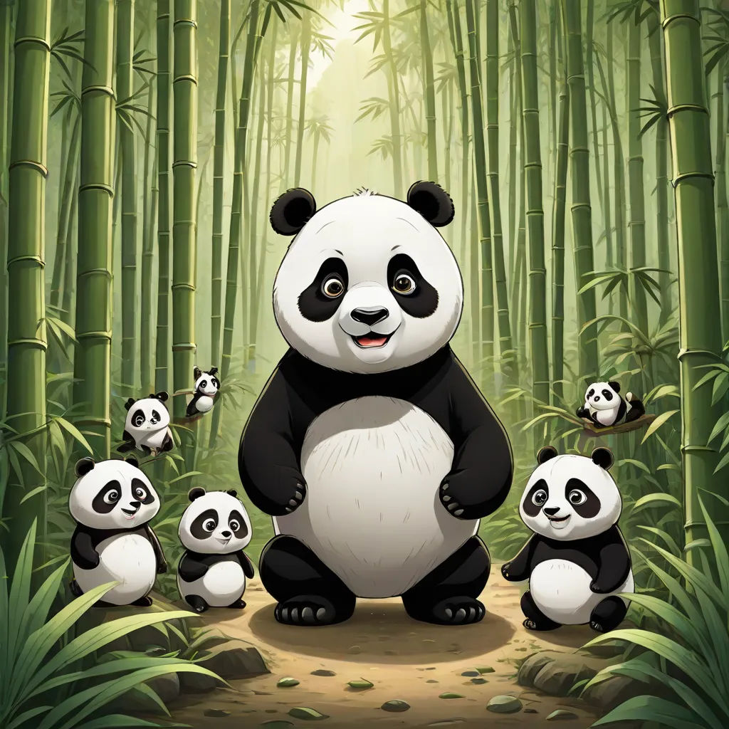 a panda bear with her cubs in a bamboo forest with bamboo trees and sunlight shining through the leaves on the trees, dau-al-set, a storybook illustration, Adrian Zingg, official art