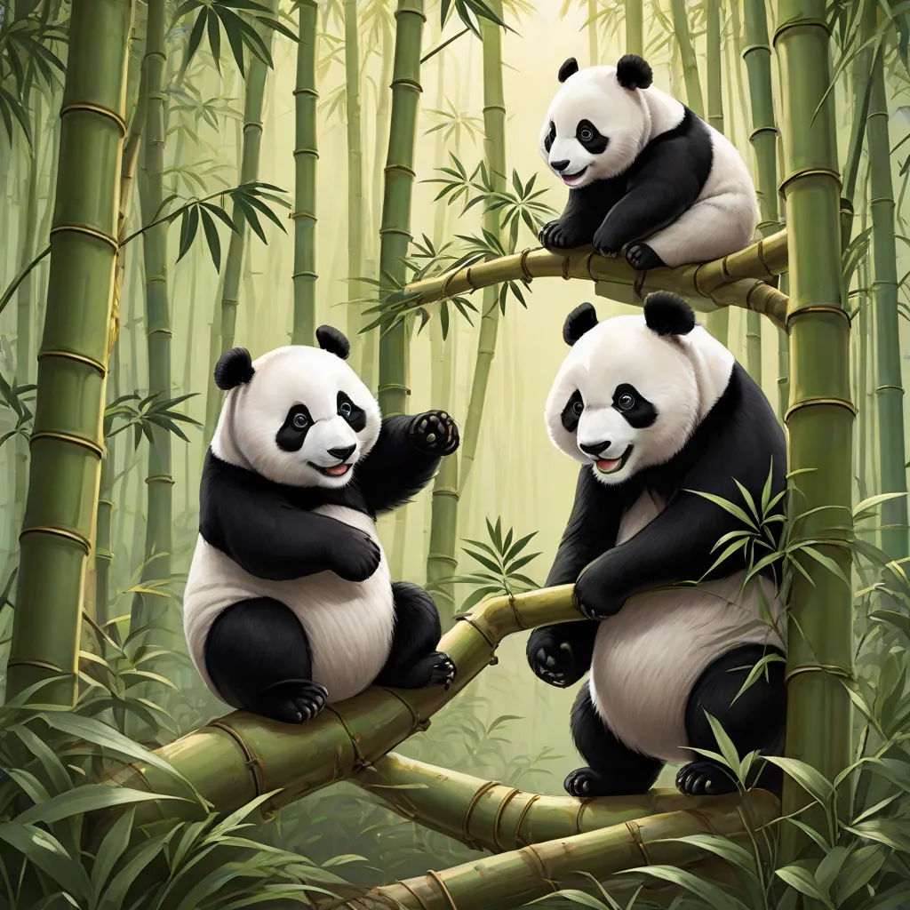 two panda bears sitting on bamboo trees in a forest of bamboos, one of them is eating bamboo, fantasy art, a digital painting, Ding Guanpeng, highly detailed digital painting