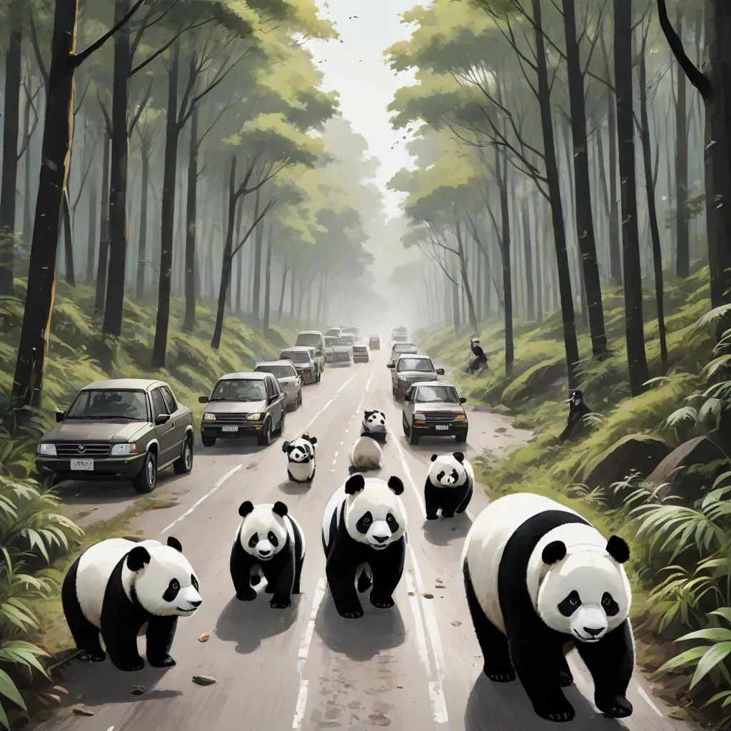 a group of pandas crossing a road in front of a line of cars and a forest with trees, environmental art, a painting, Chris LaBrooy, cgstudio
