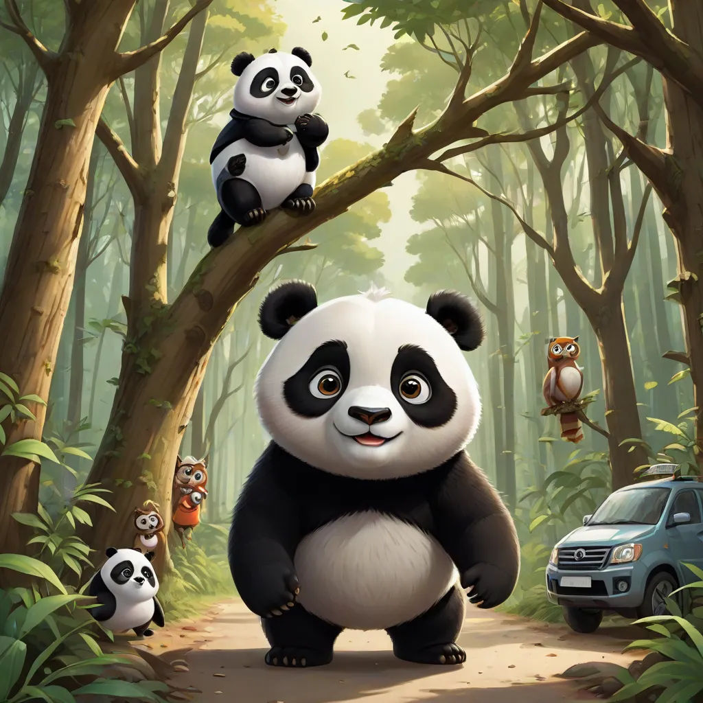 a panda bear standing on a tree branch in the forest with other animals around him and a car parked on the road, sots art, a poster, Chen Hong, official art