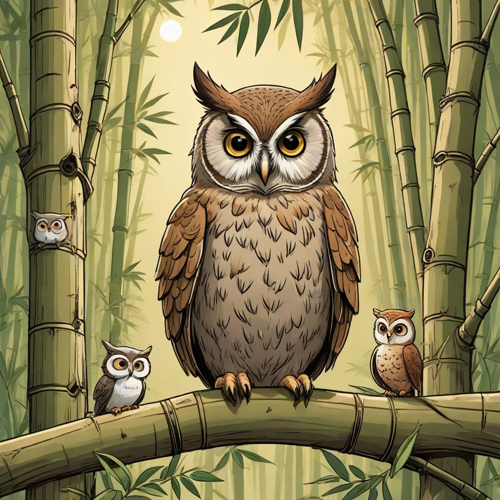 a family of owls sitting on a bamboo tree branch in a bamboo forest with bamboo trees and bamboo leaves, fantasy art, a storybook illustration, Dan Mumford, storybook illustration