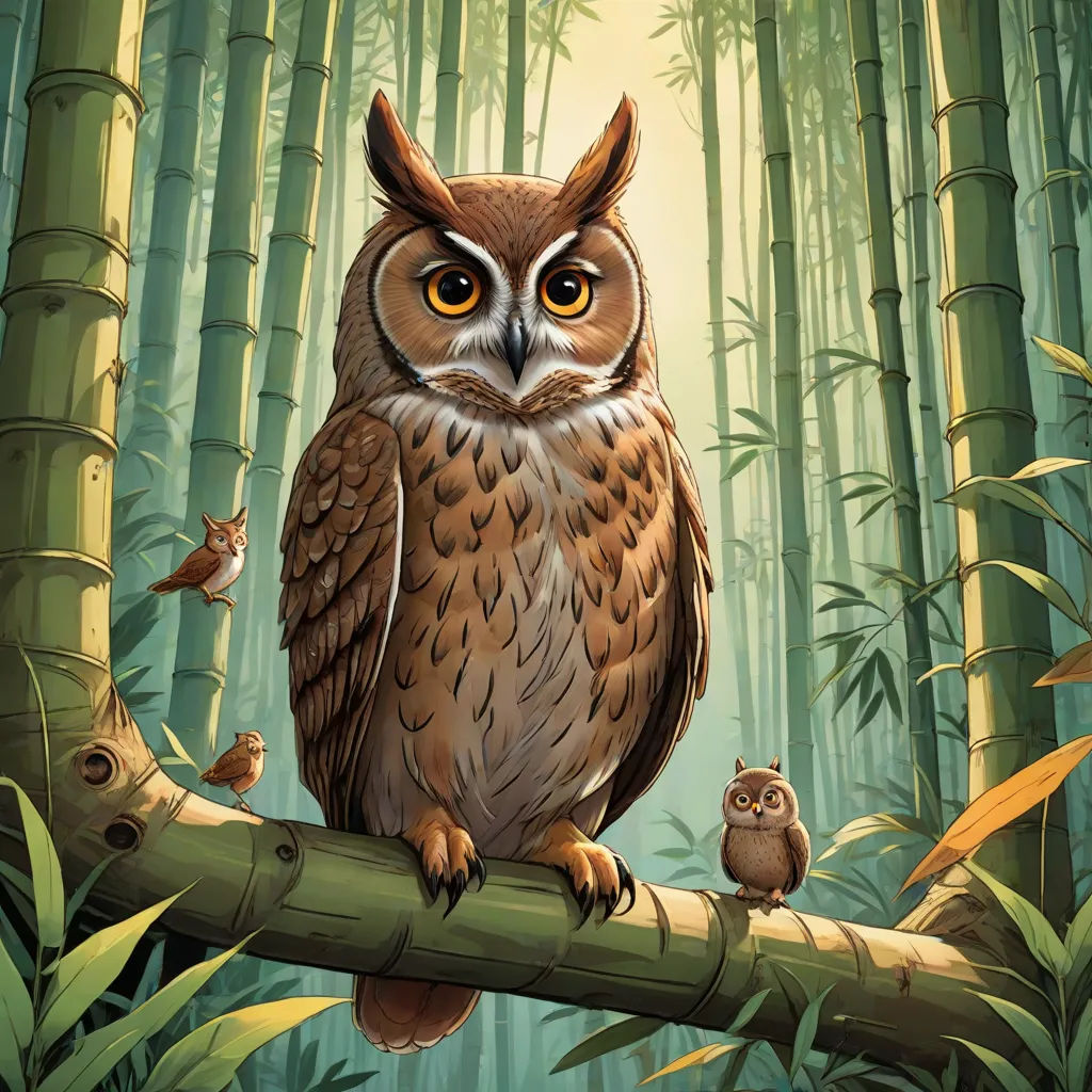 a painting of an owl and her babies on a bamboo tree branch in a forest with bamboo trees and bamboos, fantasy art, a storybook illustration, Chris LaBrooy, storybook illustration