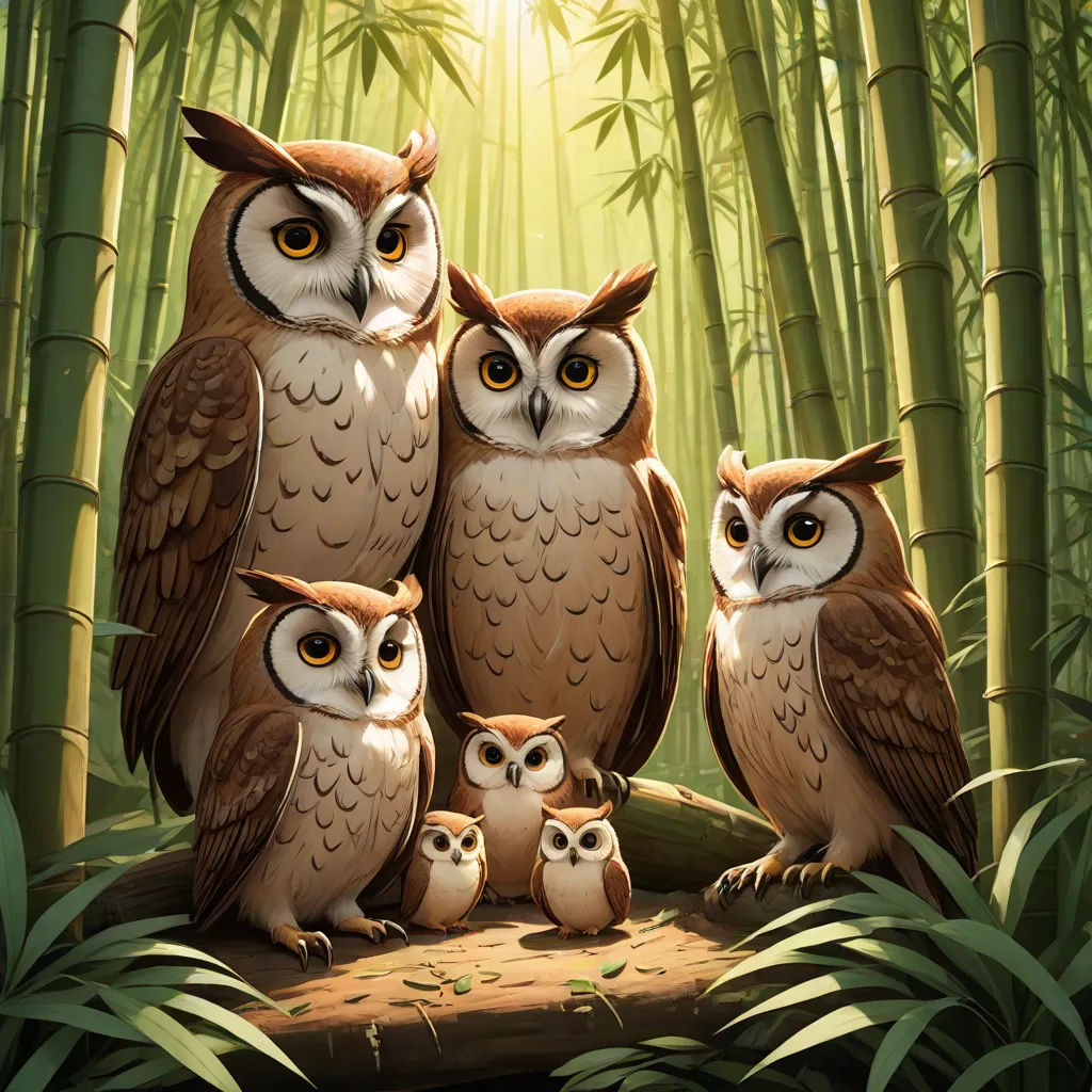 a group of owls sitting on a log in a bamboo forest with bamboo trees in the background and sunlight shining through the leaves, fantasy art, a storybook illustration, Chris LaBrooy, rossdraws global illumination