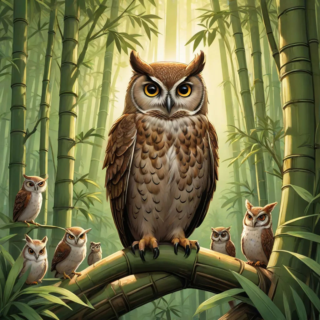 a painting of an owl sitting on a bamboo tree branch with her babies in the bamboo forest behind it, fantasy art, a storybook illustration, Dan Mumford, rossdraws global illumination