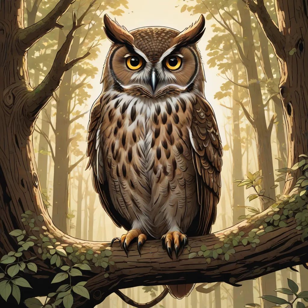 a painting of an owl sitting on a tree branch in a forest with yellow eyes and a brown beak, fantasy art, a storybook illustration, Dan Mumford, storybook illustration