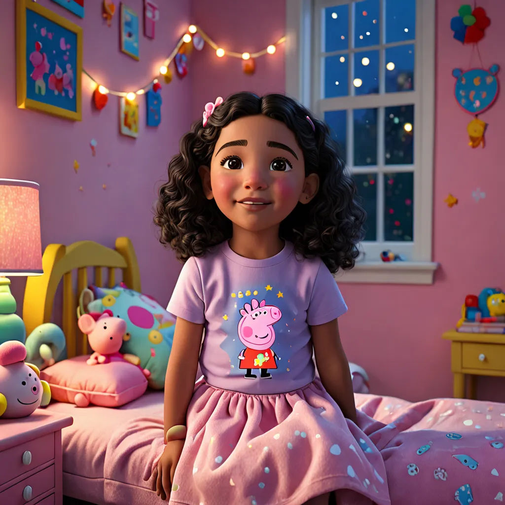a girl in a pink peppo pig shirt sitting on a bed in a pink bedroom with a pink wall and pink walls, photorealism, a character portrait, disney, promotional image