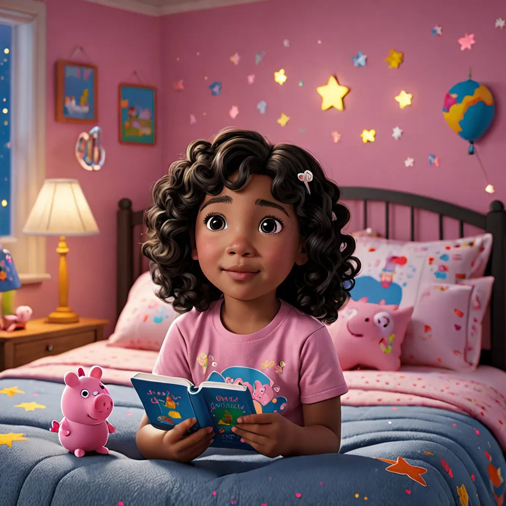a little girl reading a book in her bedroom with a pink wall and stars on the walls and a pink pig, photorealism, a storybook illustration, disney, promotional image
