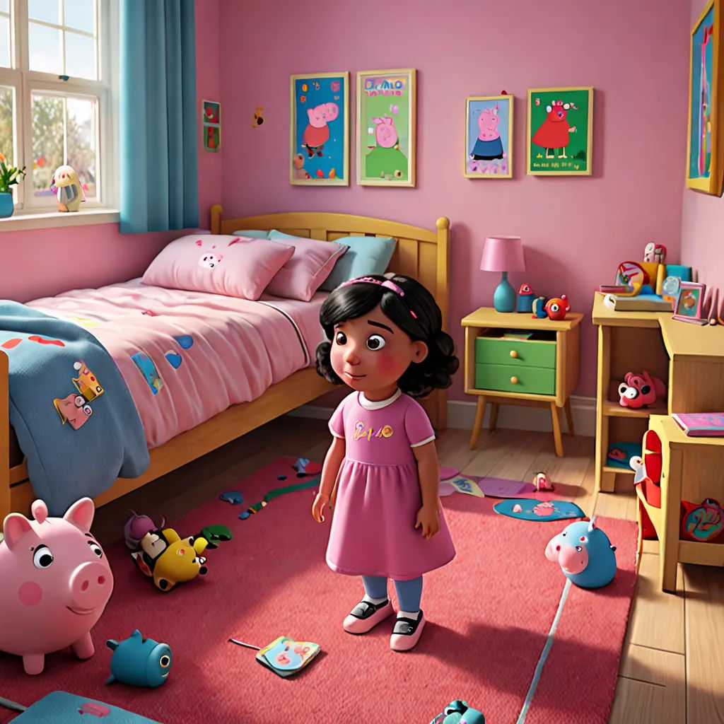 a girl standing in a pink bedroom with a pink rug and pink walls and a pink rug with peppa pig on it, photorealism, a storybook illustration, Chris LaBrooy, promotional image