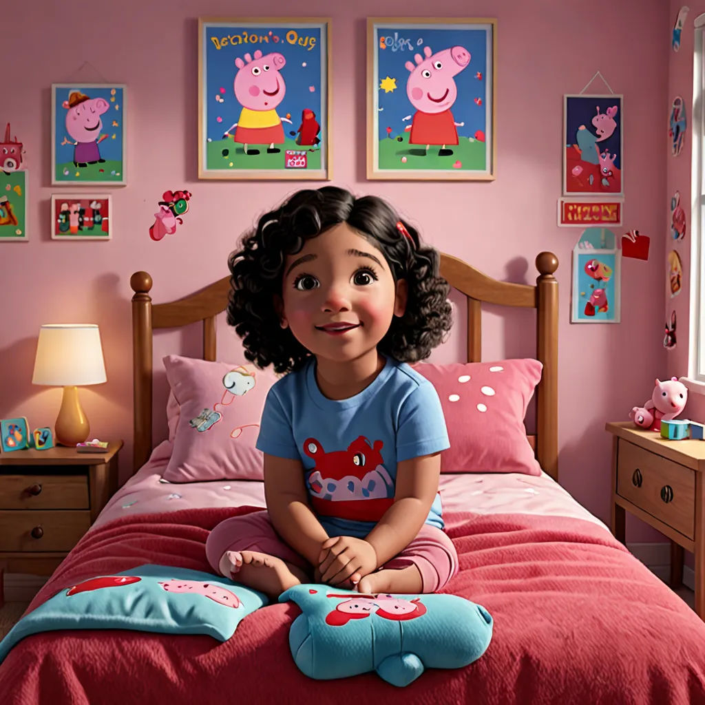 a girl sitting on a bed with peppa pig pillows on it's sides and a pink wall, photorealism, a poster, disney, pixar and disney animation