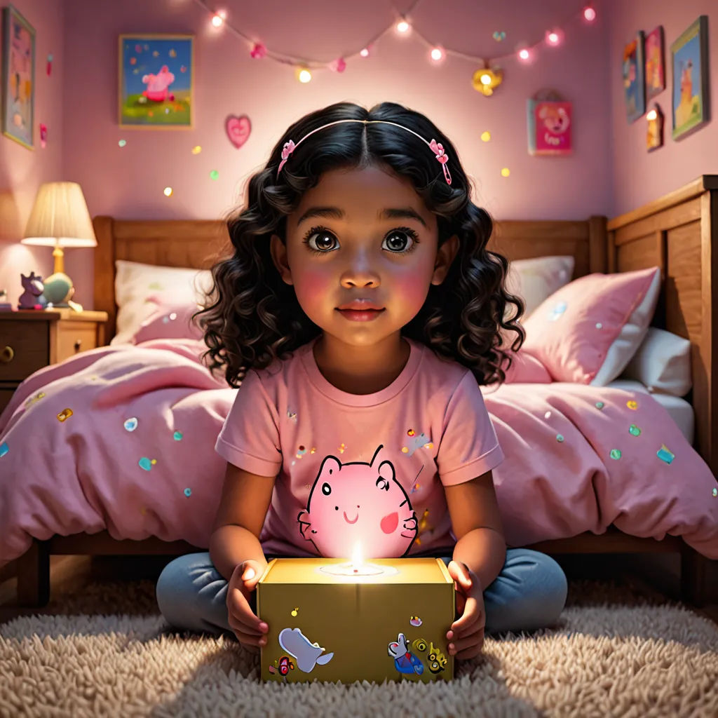 a little girl sitting on the floor with a box of birthday cake in front of her face and a pink wall, photorealism, a storybook illustration, Chris LaBrooy, soft lights