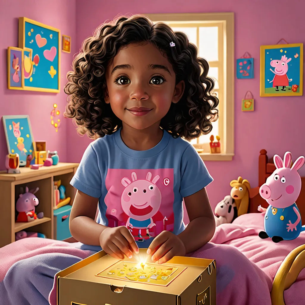 a girl in a peppa pig shirt holding a box with a light inside of it in a bedroom, photorealism, a storybook illustration, Chris LaBrooy, cgstudio