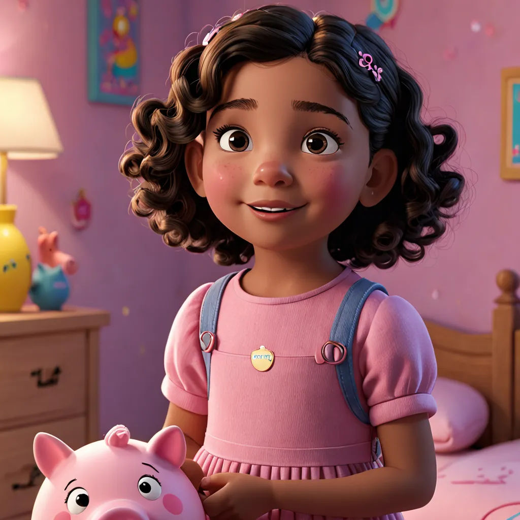 a cartoon girl holding a piggy bank in a bedroom with a pink wall and a pink bed with a pink wall, photorealism, a character portrait, Alexis Simon Belle, unreal engine 5 quality render
