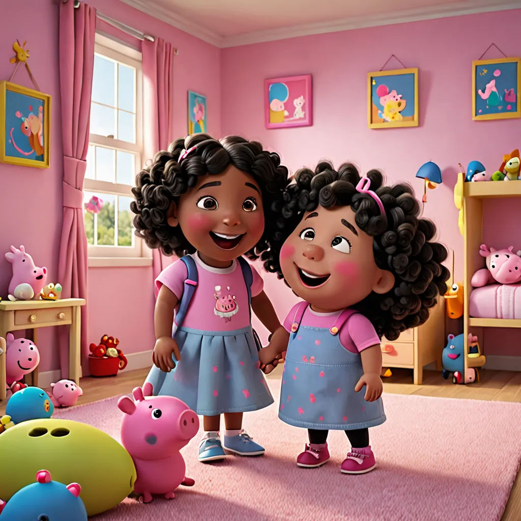 a couple of kids standing in a room with toys on the floor and a pink rug on the floor, photorealism, a poster, Chinwe Chukwuogo-Roy, promotional image