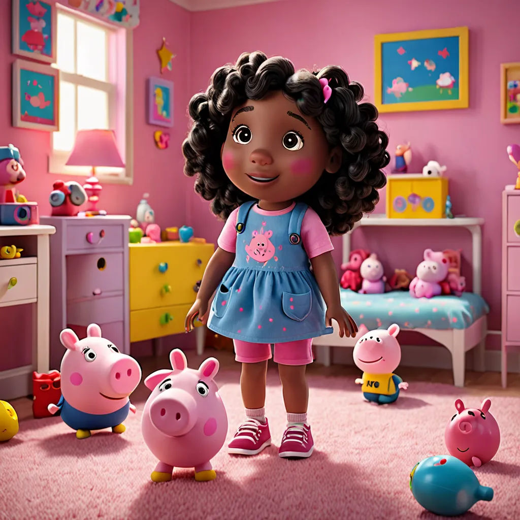 a little girl standing in a room with peppo pig toys in front of her and a group of peppo pig toys in the background, photorealism, a character portrait, Ella Guru, promotional image