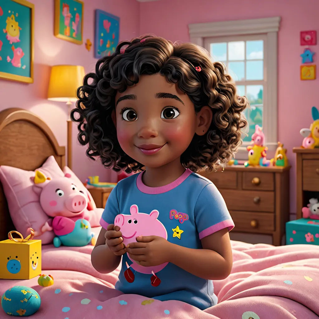 a cartoon girl holding a pig toy in a bedroom with a pink wall and a pink bed with a pink wall, photorealism, a character portrait, disney, promotional image
