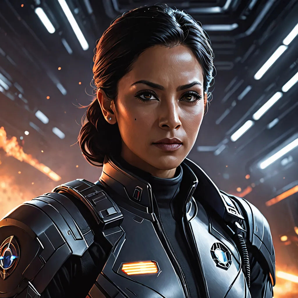 a woman in a futuristic suit standing in a space station with a bright light coming from her chest and a black background, Eve Ryder, space art, a character portrait, mass effect