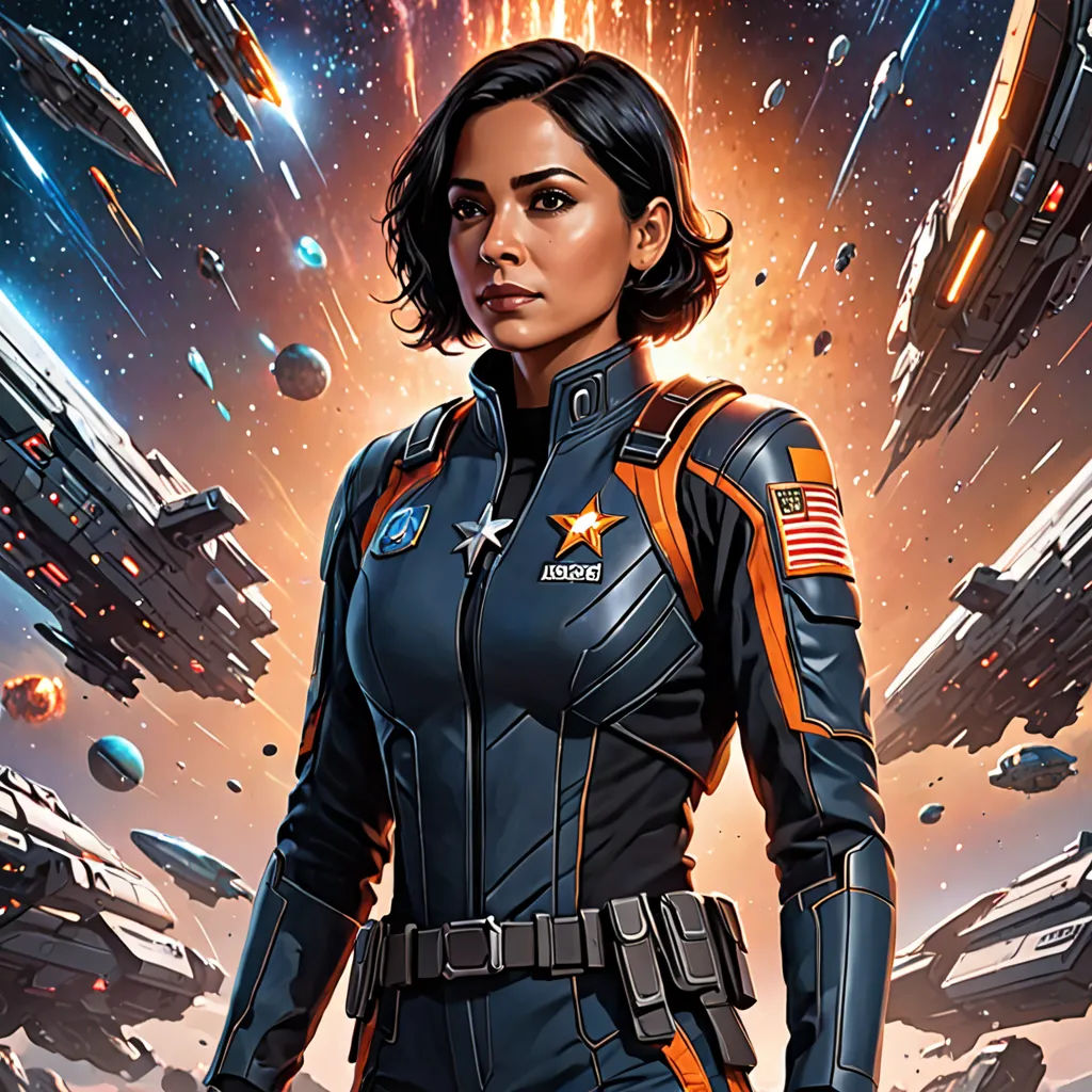 a woman in a black suit standing in front of a space station with a rocket ship in the background, Eve Ryder, space art, poster art, comic cover art