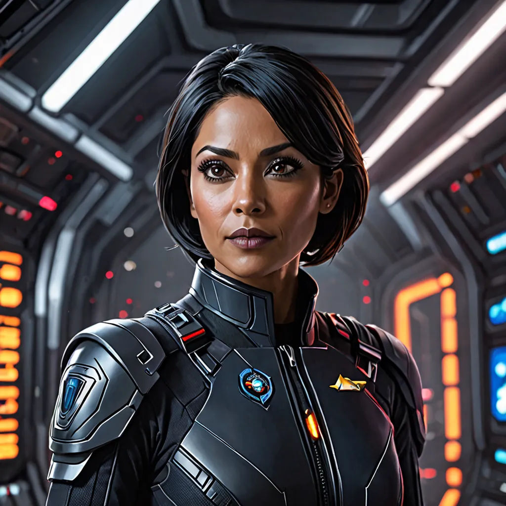 a woman in a sci - fi fi suit standing in a space station with a sci - fi fi fi light, Eve Ryder, space art, a character portrait, promotional image