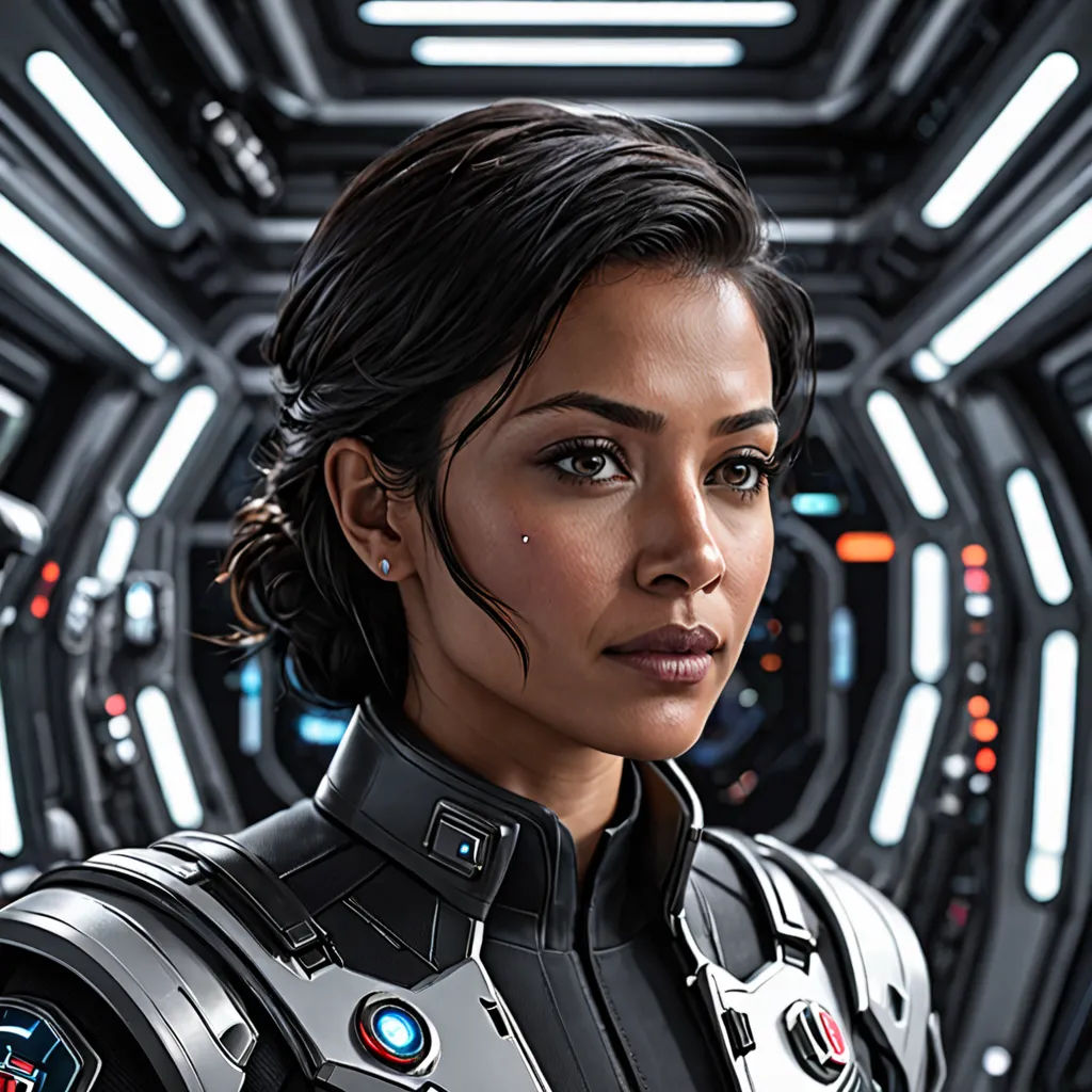 a woman in a futuristic suit standing in front of a tunnel of lights and mirrors with a sci - fi look on her face, Eve Ryder, photorealism, a character portrait, promotional image