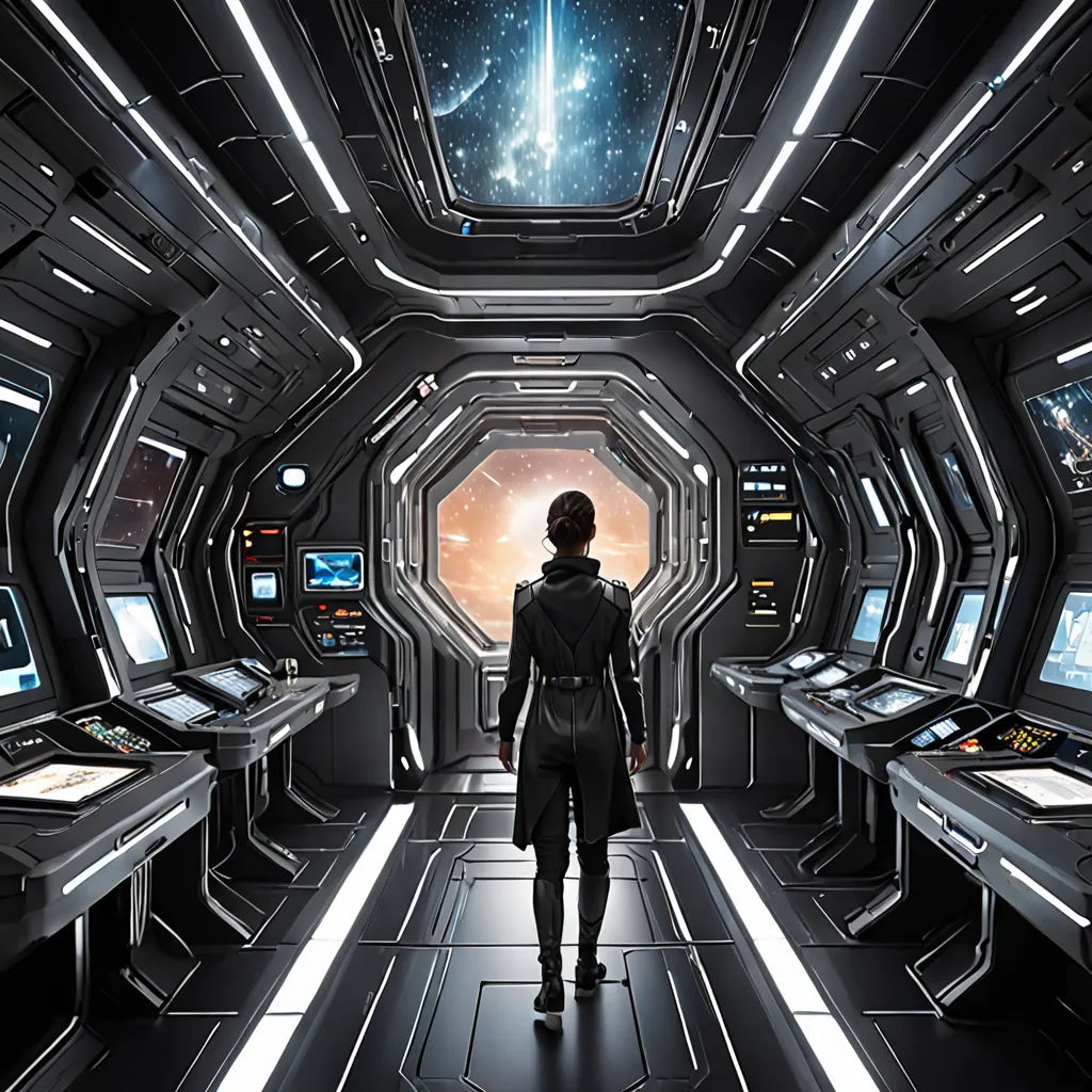 a woman in a sci - fi setting looking at a space station with computers and monitors on the walls, Eve Ryder, space art, computer graphics, promotional image
