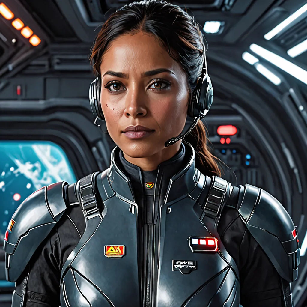 a woman in a space suit with headphones on and a spaceship in the background with a red light, Aleksi Briclot, space art, a character portrait, promotional image