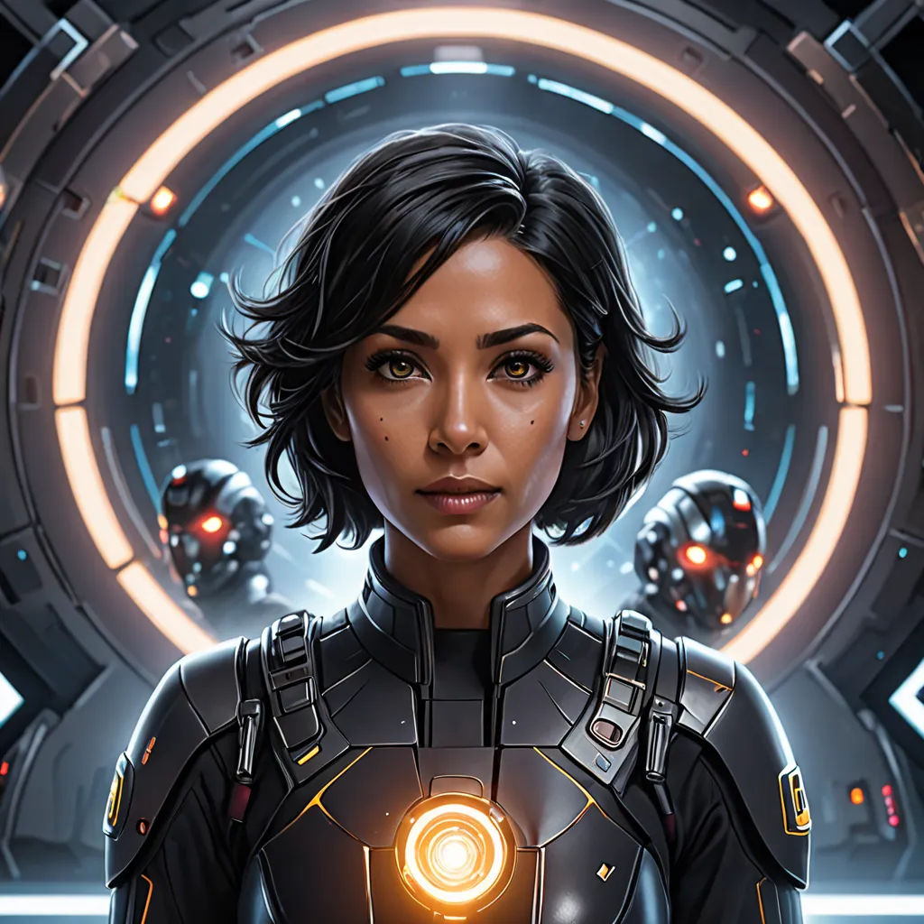 a woman in a black suit with a sci - fi fi fi fi fi fi fi fi fi fi fi fi fi fi fi fi fi fi fi fi fi fi fi fi fi fi fi fi fi fi fi fi fi fi, Aleksi Briclot, space art, a character portrait, comic cover art