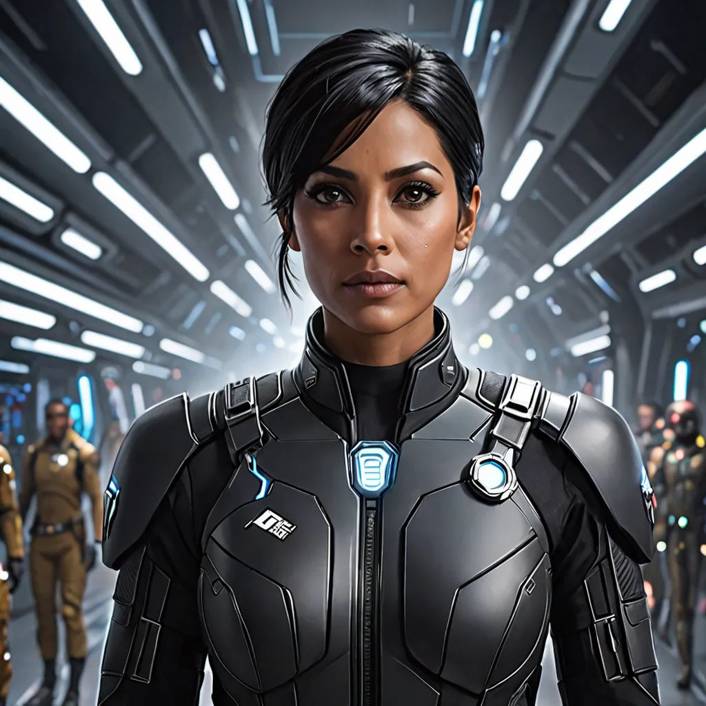a woman in a futuristic suit standing in a room with other people in the background and a sci - fi theme, Eve Ryder, samikshavad, a character portrait, promotional image