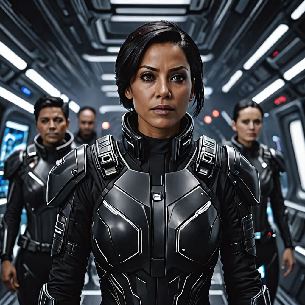a woman in a black suit standing in a room with other people in the background and a sci - fi theme, Eve Ryder, afrofuturism, poster art, promotional image