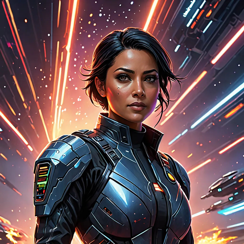 a woman in a futuristic suit standing in front of a space station with a star trail in the background, Eve Ryder, space art, a character portrait, mass effect