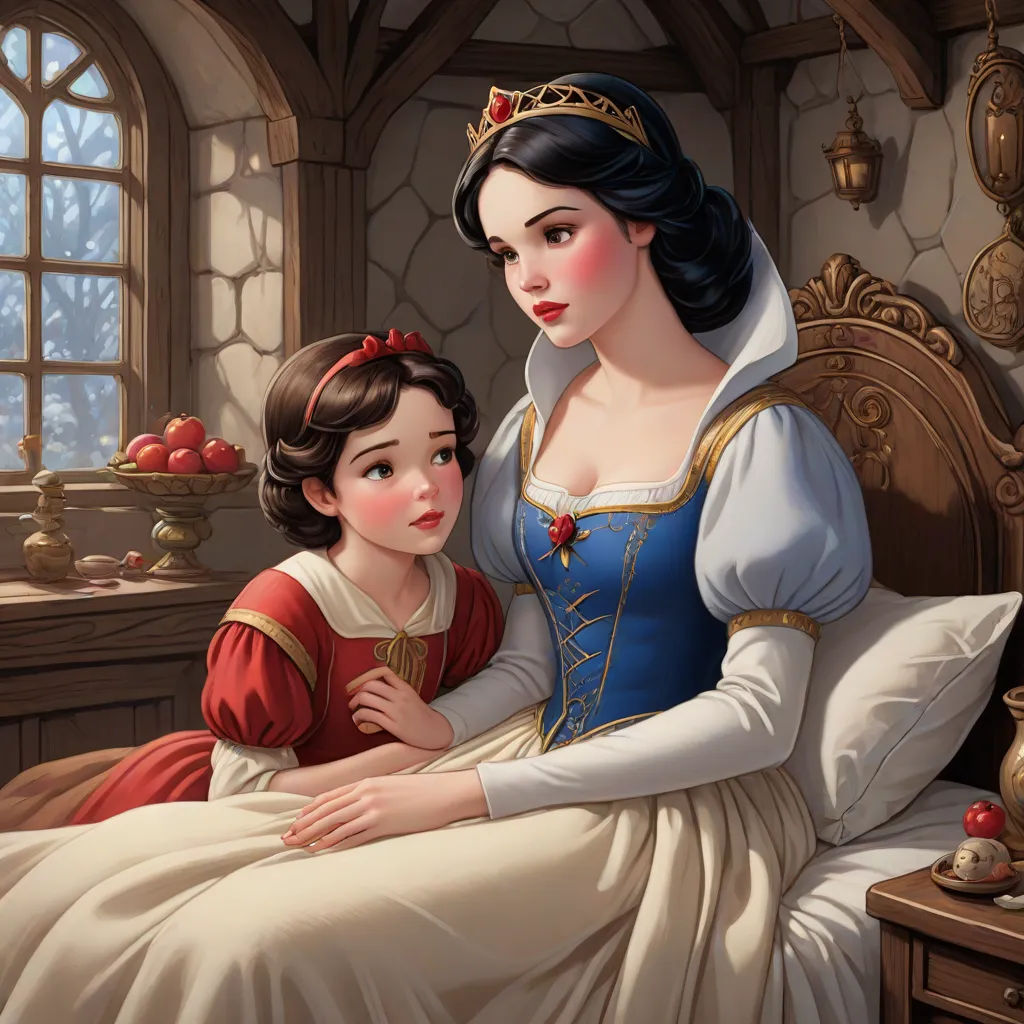a painting of a woman and a child in a bed together, with a window in the background and a castle in the background, gothic art, a storybook illustration, disney, storybook illustration