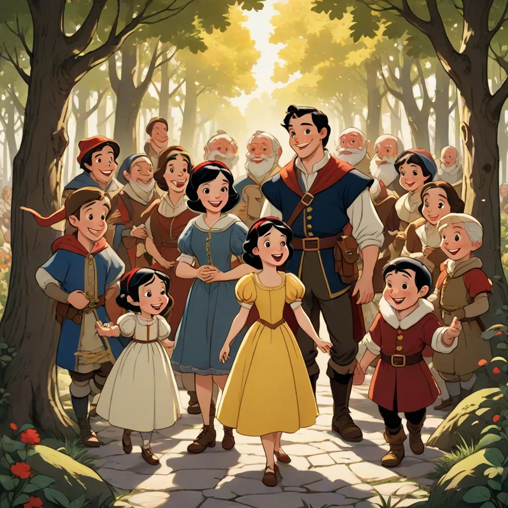 a group of people standing in a forest with a man and woman in front of them and a man in the middle of the picture, renaissance, a storybook illustration, disney, official art