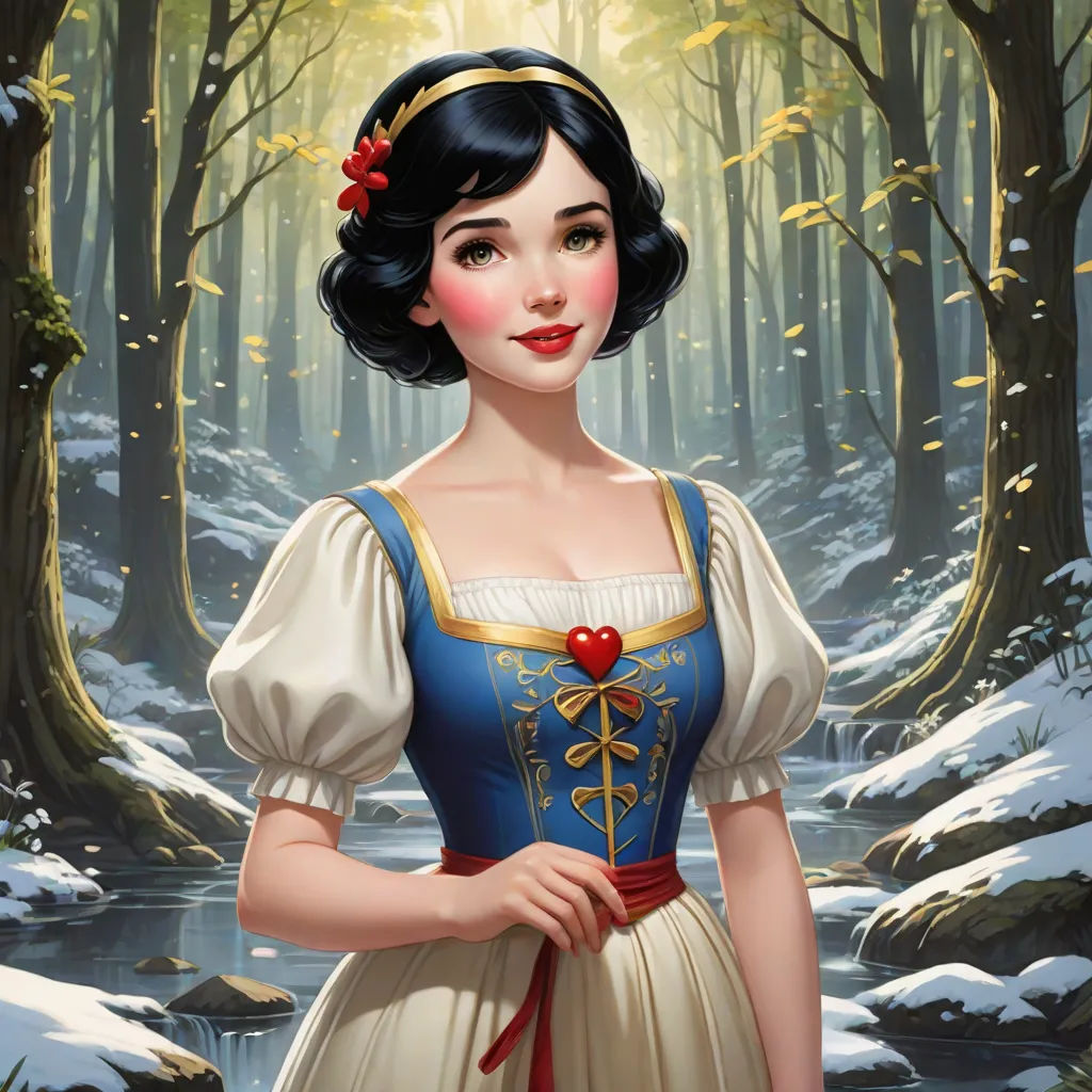 a painting of a snow princess in a forest with a stream of water and trees in the background, with a red heart in her hand, fantasy art, a character portrait, Evaline Ness, kinkade