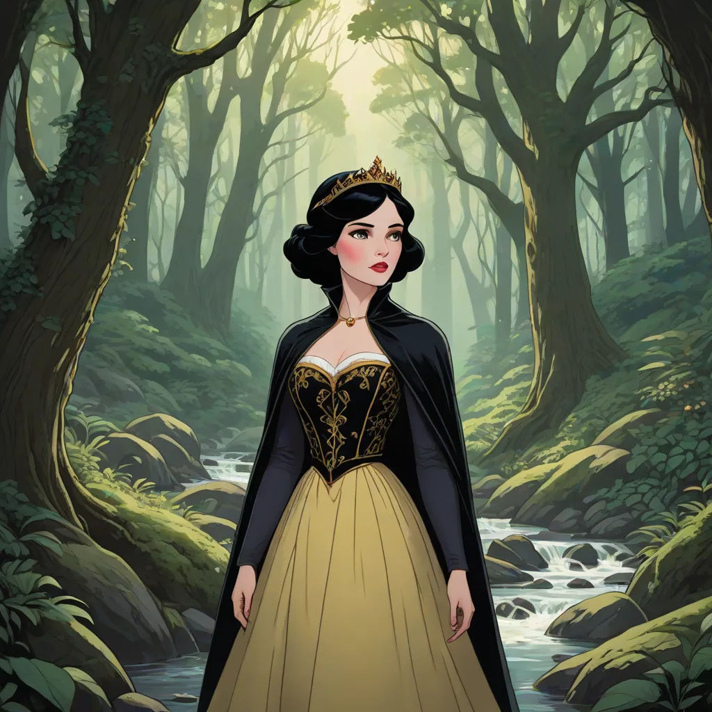 a woman in a dress standing in a forest with a stream behind her and trees in the background, with a flowing stream running through the forest, fantasy art, a storybook illustration, Aramenta Dianthe Vail, official art
