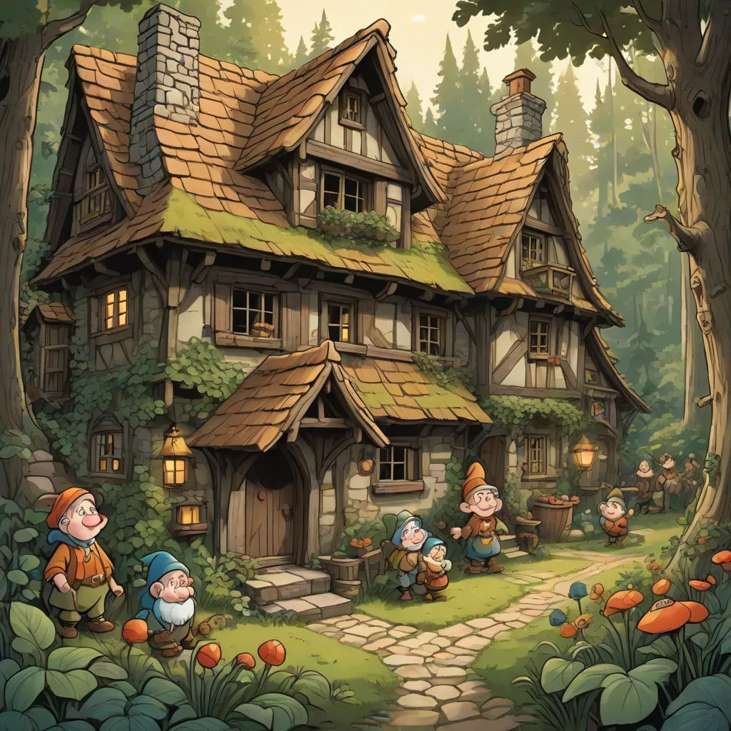 a cartoon of a house with gnomes in the yard and a pathway leading to it and a forest, fantasy art, a storybook illustration, Cliff Childs, storybook illustration