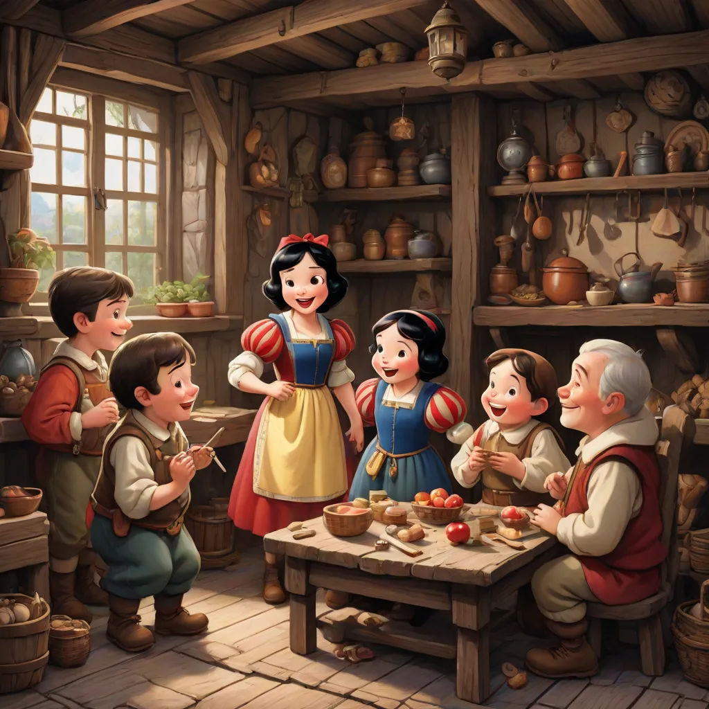 a group of people standing around a table in a room with shelves of pots and pans on it, fantasy art, a storybook illustration, disney, storybook illustration
