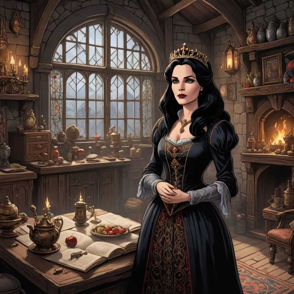 a woman in a medieval dress standing in a room with a table and a tea kettle on it, and a window behind her, gothic art, a storybook illustration, Anne Stokes, game art