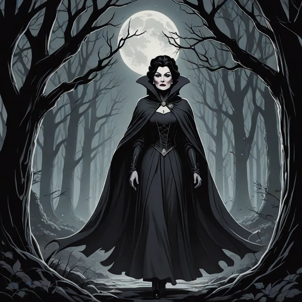 a woman in a black cloak standing in a forest with a full moon behind her and trees in the background, gothic art, an ultrafine detailed painting, Anne Stokes, dark shadows