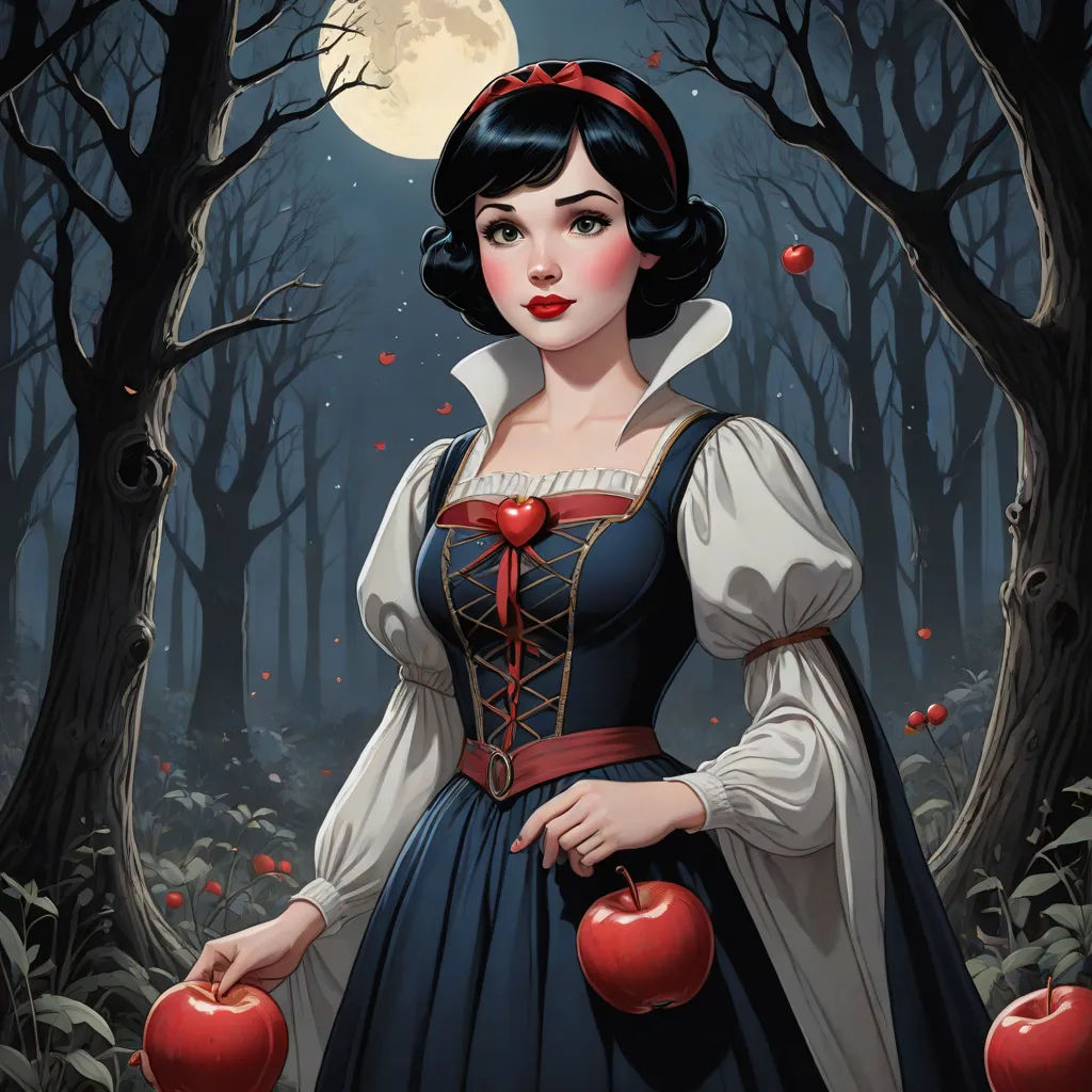 a painting of a woman in a dress holding apples in a forest with a full moon in the background, gothic art, an ultrafine detailed painting, Edwin Georgi, official art