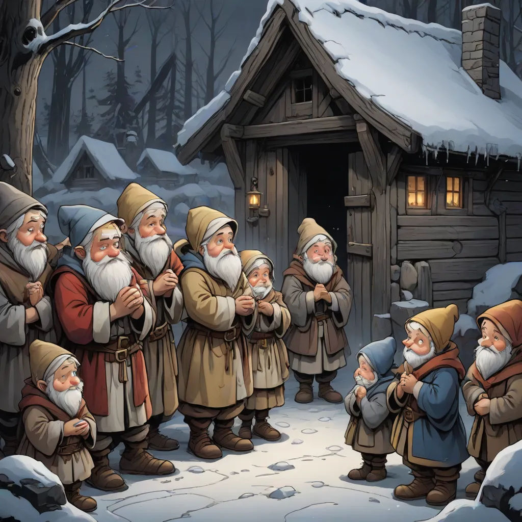 a group of dwarfs standing in front of a small cabin in the snow with a light on their head, fantasy art, a storybook illustration, Brothers Hildebrandt, storybook illustration