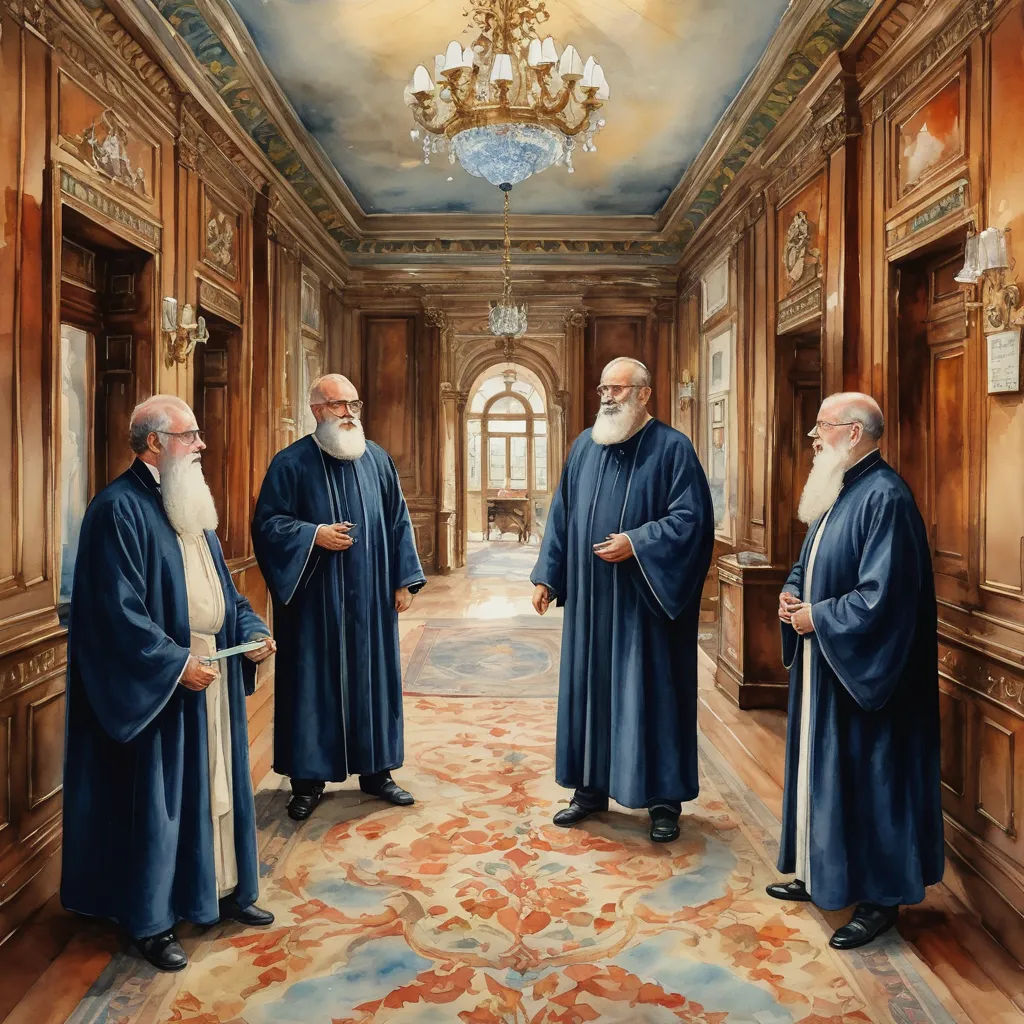 a painting of three men in robes standing in a hallway with chandelier and chandelier hanging from the ceiling, academic art, a detailed painting, Brothers Hildebrandt, highly detailed digital painting