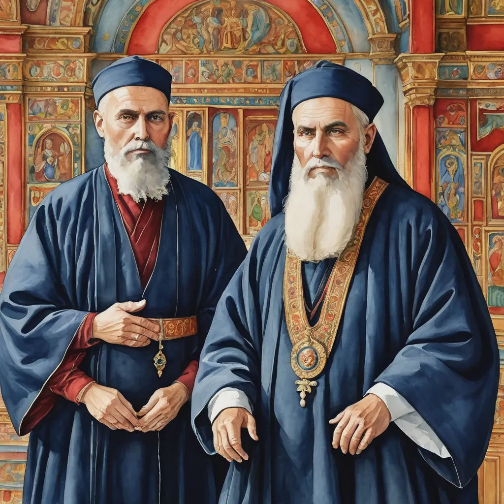 two men in robes standing next to each other in front of a painting of a building with a dome, excessivism, a detailed painting, Brothers Hildebrandt, art noveau