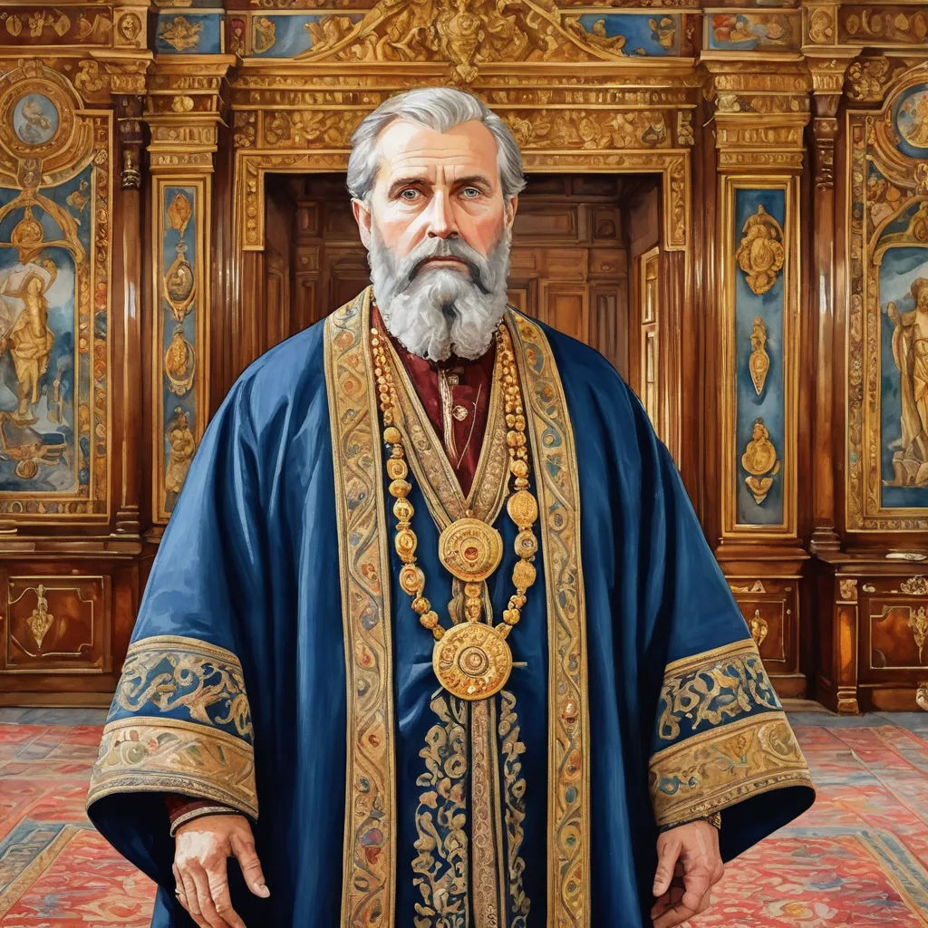 a painting of a man in a blue robe and a beard with a gold medallion around his neck and a gold chain around his neck, classical realism, a hyperrealistic painting, Andrei Rublev, highly detailed digital painting