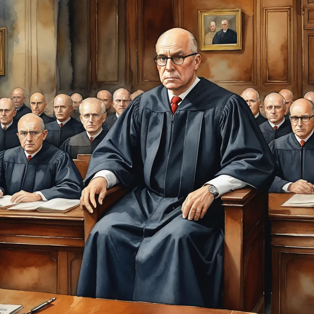 a painting of a judge sitting in a courtroom with his hands on his knees and a group of men in the background, american realism, an ultrafine detailed painting, Edwin Georgi, highly detailed digital painting