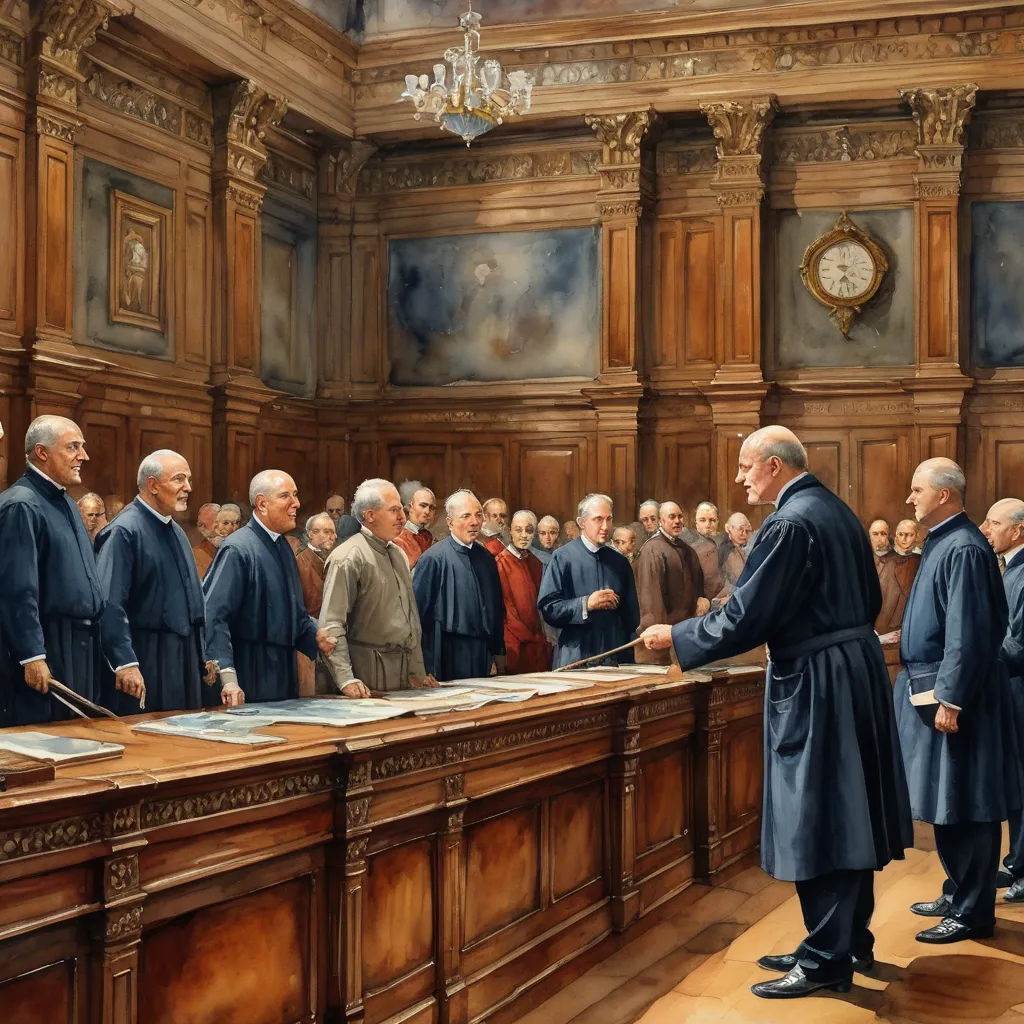 a painting of a courtroom with a judge and a group of men in suits and ties standing in front of a judge, arts and crafts movement, a detailed painting, Frances Currey, official art