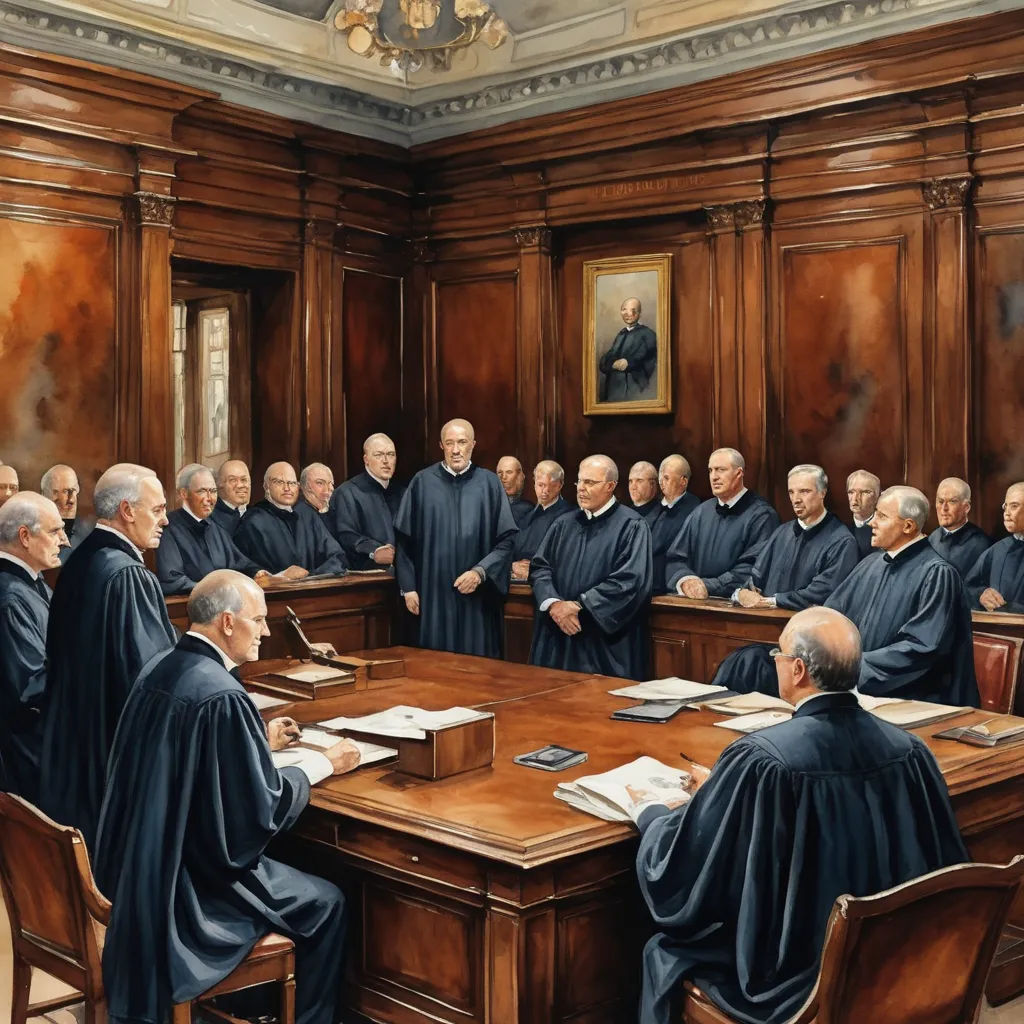 a courtroom scene with a judge and his court members in black robes sitting at a table with papers in front of them, american scene painting, a detailed painting, Brothers Hildebrandt, extremely detailed oil painting