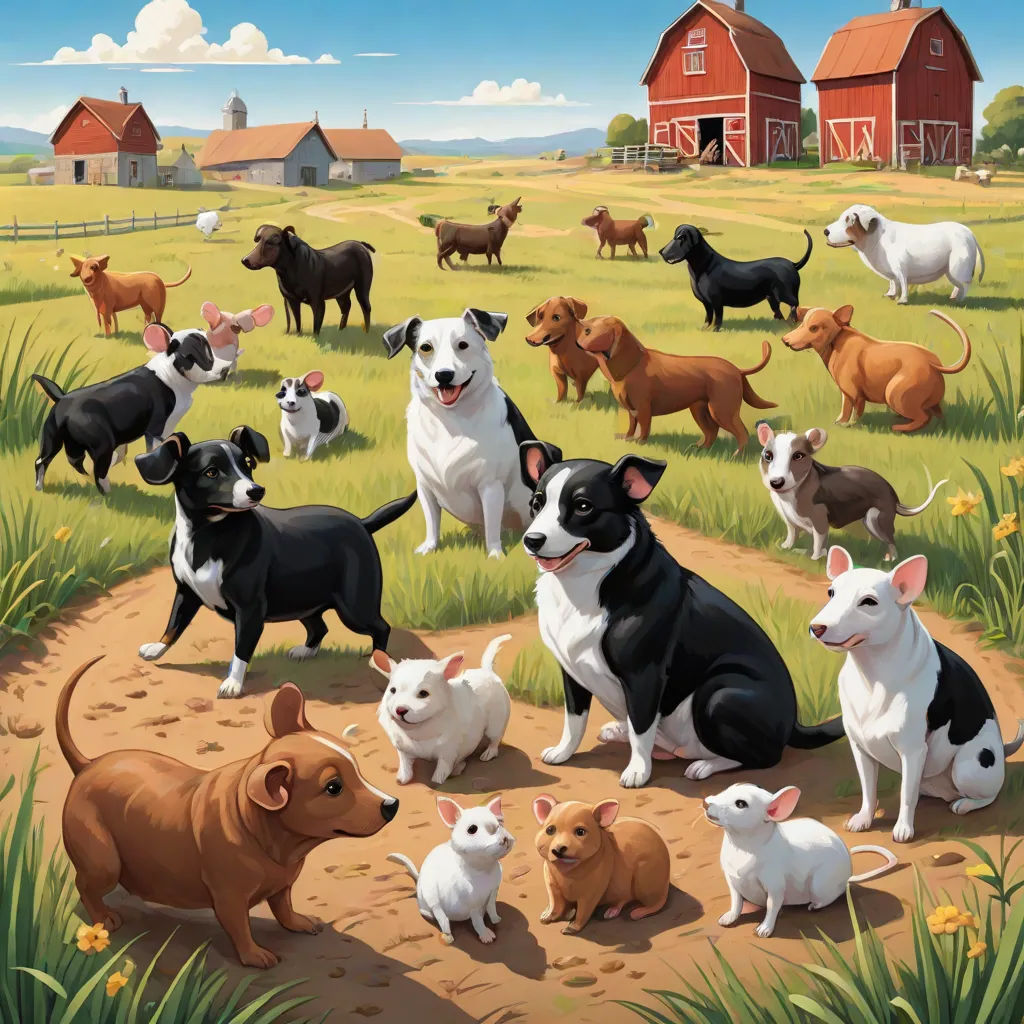 a painting of a herd of dogs in a field with a barn in the background and a red barn in the background, american scene painting, a storybook illustration, Brothers Hildebrandt, highly detailed digital painting
