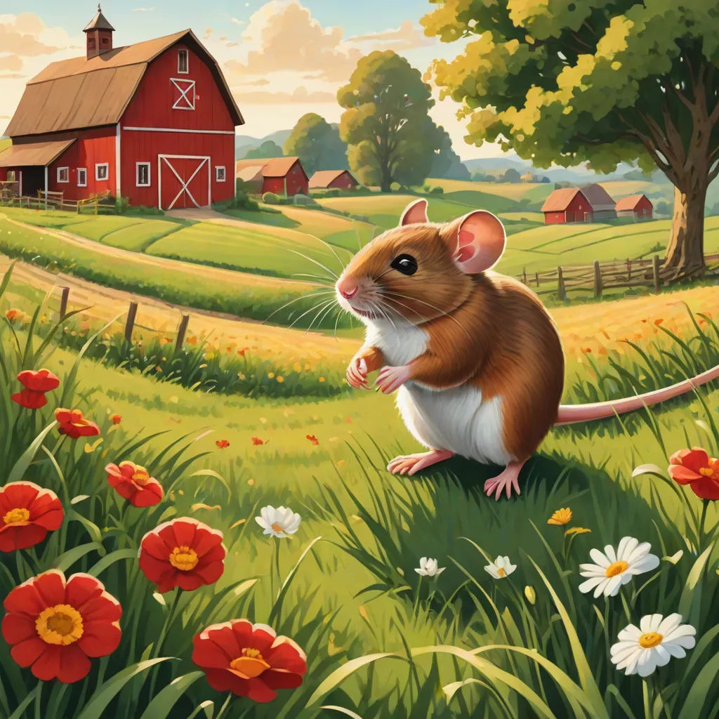 a mouse sitting on a field of flowers in front of a barn and a red barn with a red roof, american scene painting, a storybook illustration, Chris LaBrooy, storybook illustration